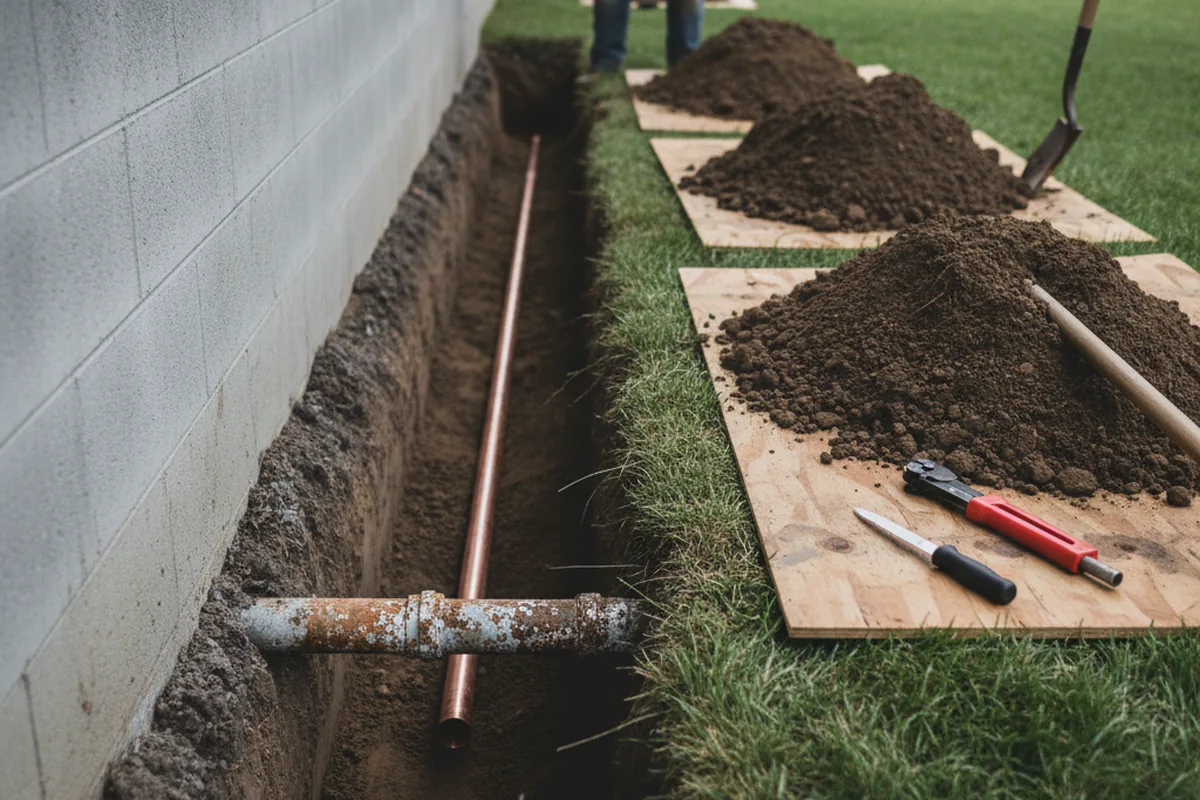 Excavated water line trench during Water Softener Installation in Hamden